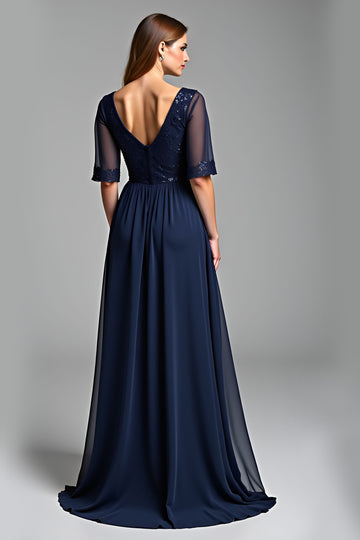 Navy A Line V Neck Long Mother Of The Bride Dress